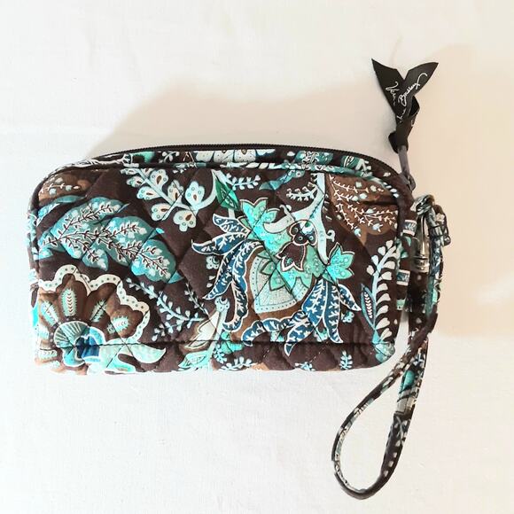 Vera Bradley Java Blue Wristlet One Inside Pocket Brown Turquoise Blue Print - Picture 2 of 6
